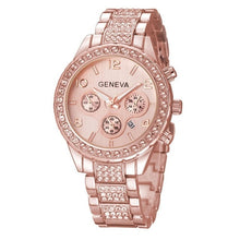Load image into Gallery viewer, Luxury Iced Out Pave Floating Crystal Quartz Calendar Rose Gold Stainless Steel Watch Girls Gold ladies Hot Sale Flowers brand